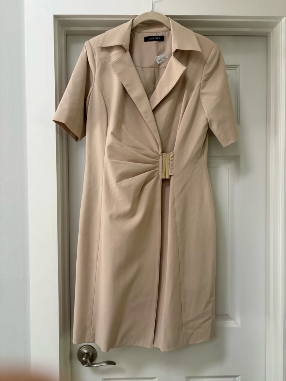 Ellen Tracy Beige Twist-Front Short-Sleeve Midi Dress